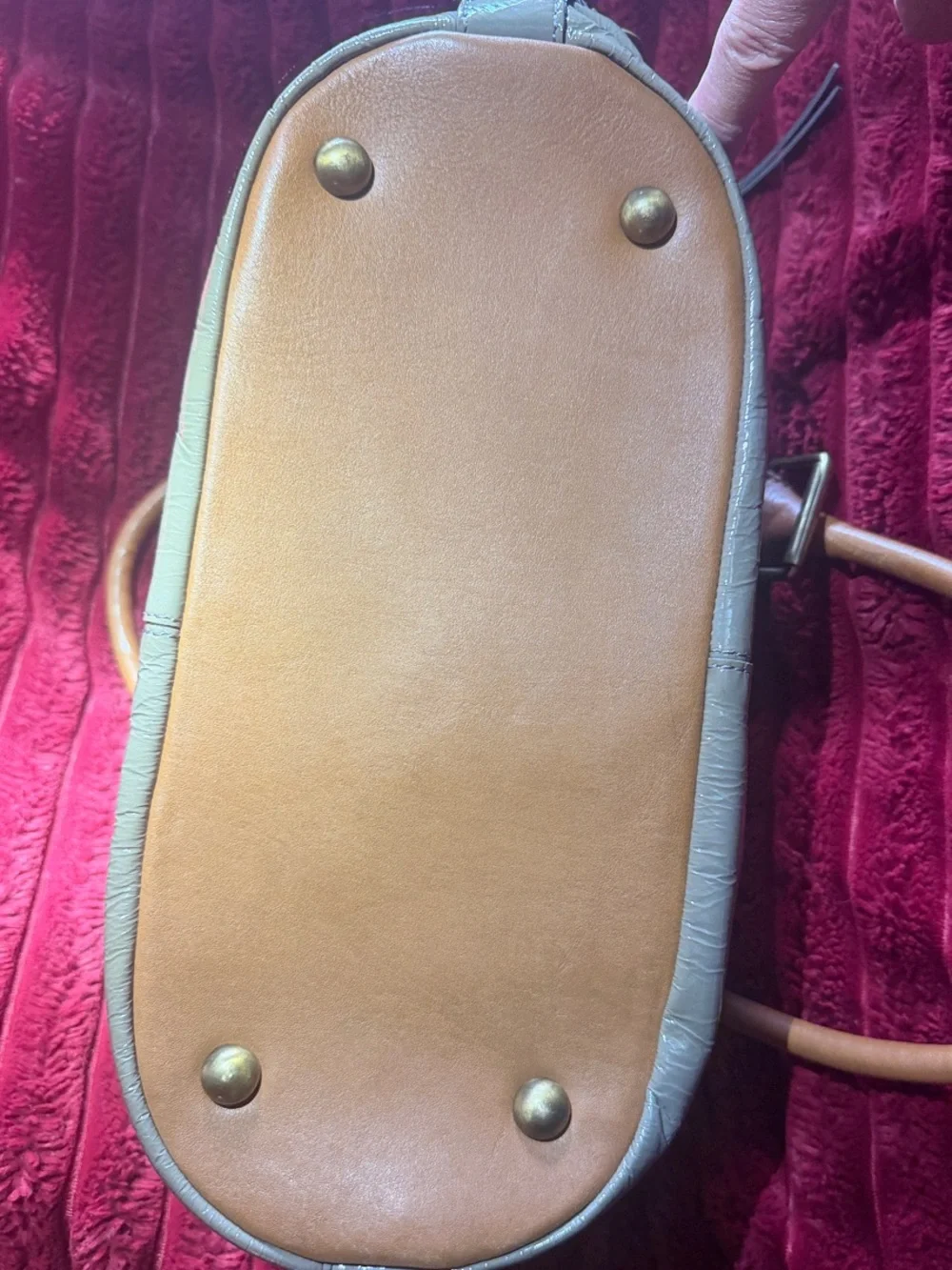 Boden Green Patent Satchel with Tan Leather Handles